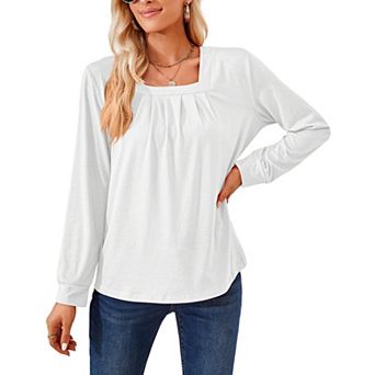 Women's Square Neck Long Sleeve Shirt Pleated Front Casual Shirt Top