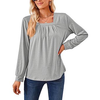 Women's Square Neck Long Sleeve Shirt Pleated Front Casual Shirt Top