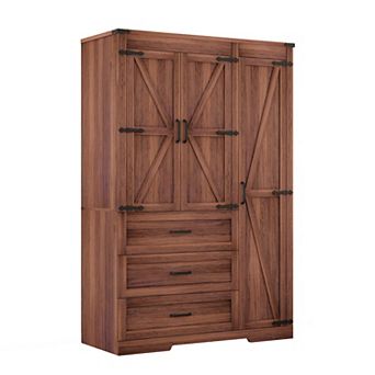70" Tall Wooden Farmhouse Armoire Wardrobe Closet with 3 Doors, 3 Drawers, Hanging Rod, Freestanding