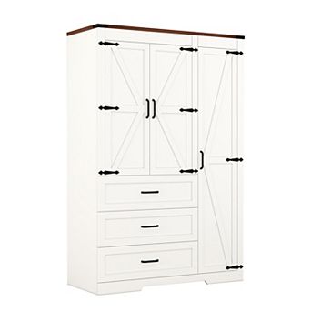 70" Tall Wooden Farmhouse Armoire Wardrobe Closet with 3 Doors, 3 Drawers, Hanging Rod, Freestanding
