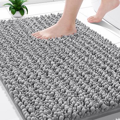 Grey chenille bath mat soft absorbent quick dry non slip washable