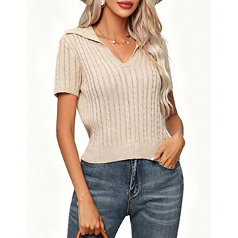 Women's Short Sleeve Cable Knit Sweater Lightweight V-Neck Pullover Top