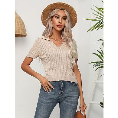 Women's Short Sleeve Cable Knit Sweater Lightweight V-Neck Pullover Top