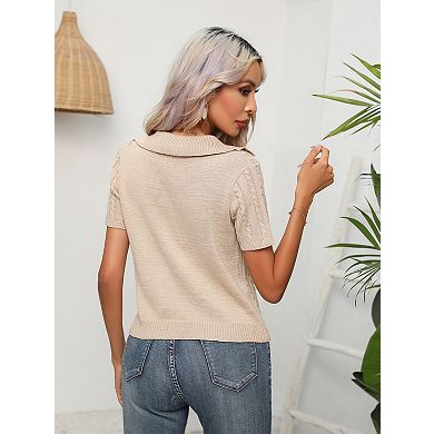 Women's Short Sleeve Cable Knit Sweater Lightweight V-Neck Pullover Top