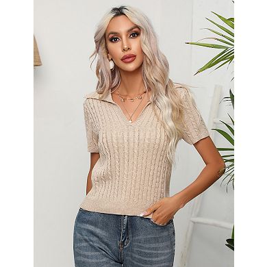 Women's Short Sleeve Cable Knit Sweater Lightweight V-Neck Pullover Top