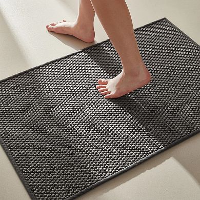 Dark grey thin bath mat, low pile absorbent non-slip washable