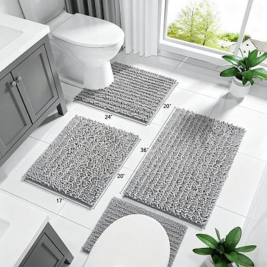 Grey chenille bath mat, absorbent quick dry rubber backing, washable