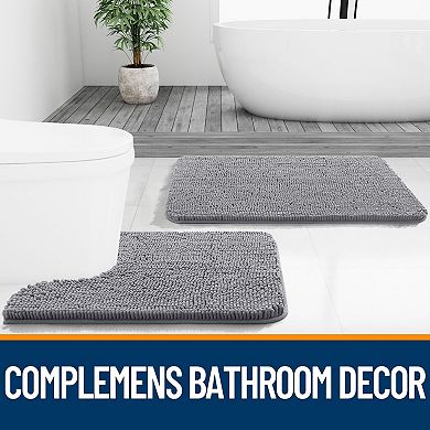 Grey chenille bath mat, absorbent quick dry rubber backing, washable