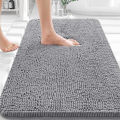 Grey chenille bath mat, absorbent quick dry rubber backing, washable