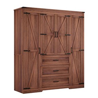 70" Tall Wooden Farmhouse Armoire Wardrobe Closet with 4 Doors, 3 Drawers, Hanging Rod, Freestanding