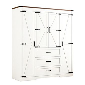 70" Tall Wooden Farmhouse Armoire Wardrobe Closet with 4 Doors, 3 Drawers, Hanging Rod, Freestanding