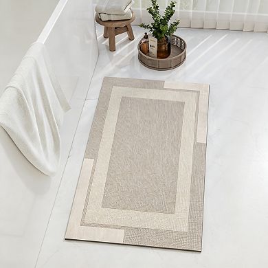 Beige thin rubber backed bath mat absorbent quick dry washable easy care