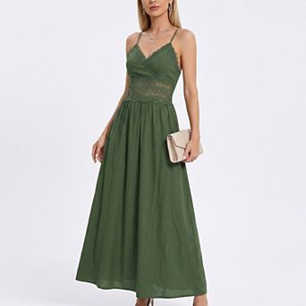 Women's Lace Waist Maxi Dress with Spaghetti Straps and Surplice V Neck Bodice