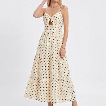 Women's Polka Dot Maxi Dress with Tie Front Cutout and Tiered Skirt