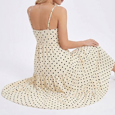 Women's Polka Dot Maxi Dress with Tie Front Cutout and Tiered Skirt
