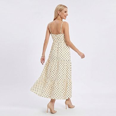 Women's Polka Dot Maxi Dress with Tie Front Cutout and Tiered Skirt