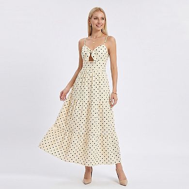 Women's Polka Dot Maxi Dress with Tie Front Cutout and Tiered Skirt