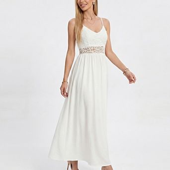 Women's Lace Bodice Maxi Dress with Spaghetti Straps and Flowy Skirt