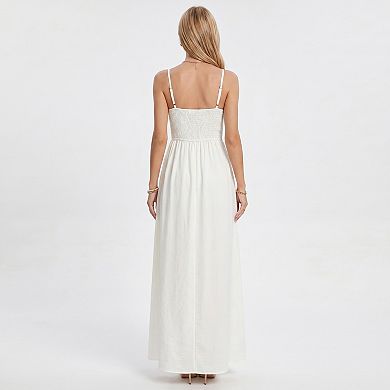 Women's Lace Bodice Maxi Dress with Spaghetti Straps and Flowy Skirt
