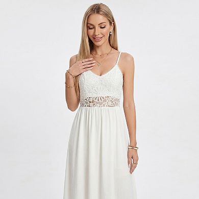 Women's Lace Bodice Maxi Dress with Spaghetti Straps and Flowy Skirt