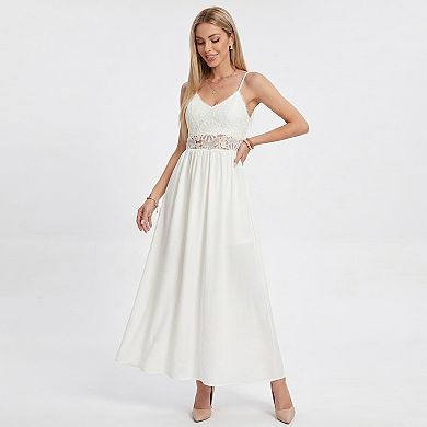 Women's Lace Bodice Maxi Dress with Spaghetti Straps and Flowy Skirt