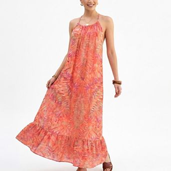 Women's Halter Maxi Dress with Open Back Tie Detail and Ruffle Hem