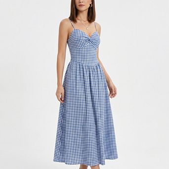 Women's Gingham Midi Dress with Twist Front Bodice and Spaghetti Straps