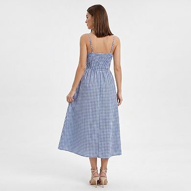 Women's Gingham Midi Dress with Twist Front Bodice and Spaghetti Straps