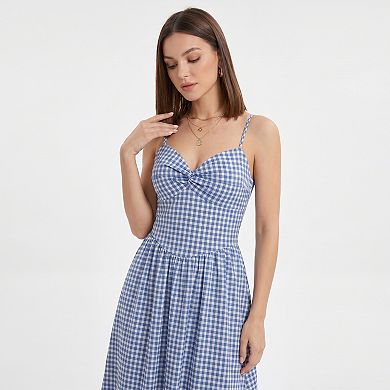 Women's Gingham Midi Dress with Twist Front Bodice and Spaghetti Straps