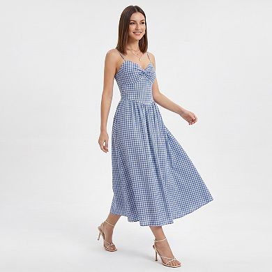 Women's Gingham Midi Dress with Twist Front Bodice and Spaghetti Straps