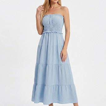 Women's Strapless Smocked Maxi Dress with Tiered Skirt and Ruffle Trim