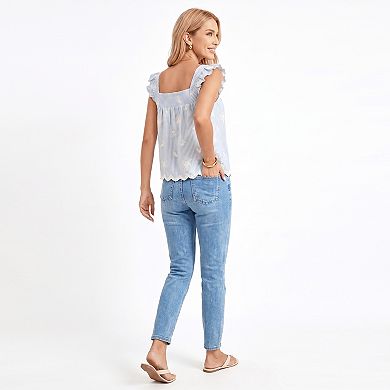 Women's Striped Sleeveless Top with Ruffle Straps Button Front and Lace Trim