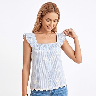 Women's Striped Sleeveless Top with Ruffle Straps Button Front and Lace Trim