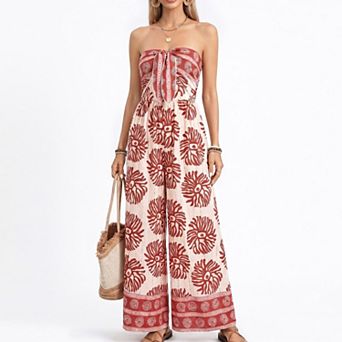 Women's Strapless Wide Leg Jumpsuit with Tie Front Bodice and Printed Design