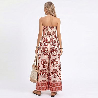 Women's Strapless Wide Leg Jumpsuit with Tie Front Bodice and Printed Design