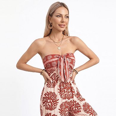 Women's Strapless Wide Leg Jumpsuit with Tie Front Bodice and Printed Design