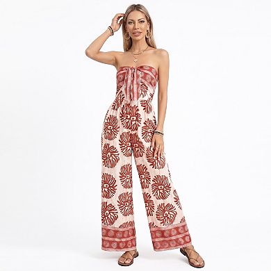 Women's Strapless Wide Leg Jumpsuit with Tie Front Bodice and Printed Design