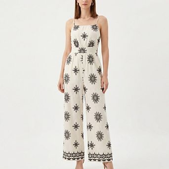 Women's Printed Wide Leg Jumpsuit with Spaghetti Straps and Smocked Back