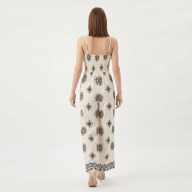 Women's Printed Wide Leg Jumpsuit with Spaghetti Straps and Smocked Back