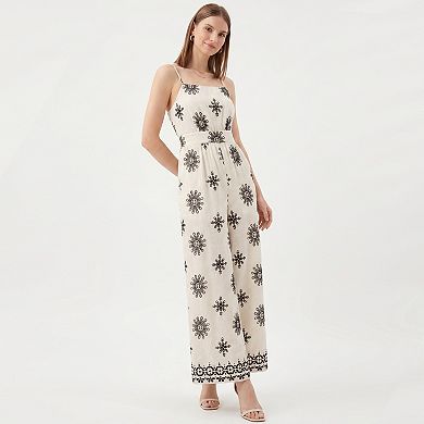 Women's Printed Wide Leg Jumpsuit with Spaghetti Straps and Smocked Back