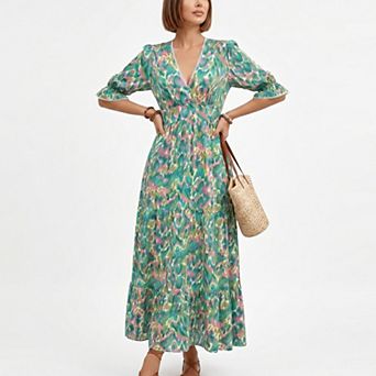 Women's Printed Midi Dress with V Neckline Smocked Waist and Tiered Skirt