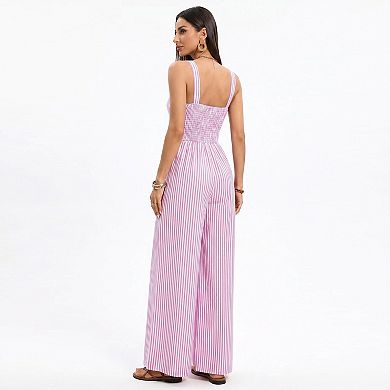 Women's Striped Wide Leg Jumpsuit with Twist Front Cutout and Spaghetti Straps