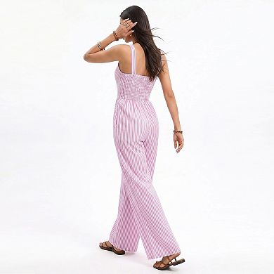 Women's Striped Wide Leg Jumpsuit with Twist Front Cutout and Spaghetti Straps
