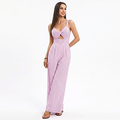 Women's Striped Wide Leg Jumpsuit with Twist Front Cutout and Spaghetti Straps