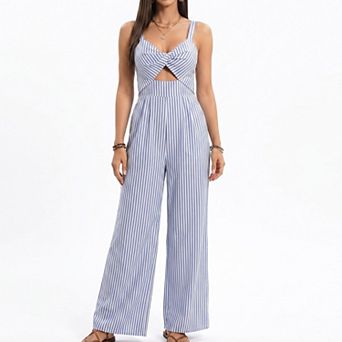 Women's Striped Wide Leg Jumpsuit with Twist Front Cutout and Spaghetti Straps