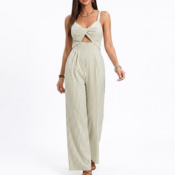 Women's Striped Wide Leg Jumpsuit with Twist Front Cutout and Spaghetti Straps