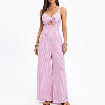 Women's Striped Wide Leg Jumpsuit with Twist Front Cutout and Spaghetti Straps