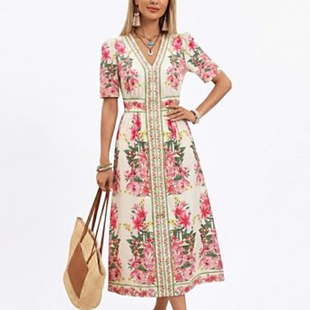 Women's Floral Midi Dress with V Neckline Short Puff Sleeves and Waist Detail
