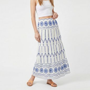 Women's Embroidered Maxi Skirt with Tiered A Line Silhouette and Border Detail