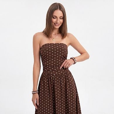 Women's Polka Dot Strapless Maxi Dress with Ruched Bodice and Full Skirt